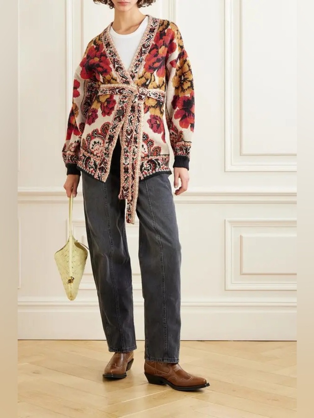 FARM RIO Sand Winter Tapestry Knit Cardigan Belted Sweater Cream Red Floral - Picture 15 of 15